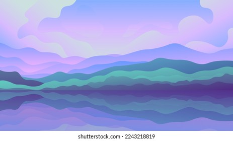Green forest view of the island. Evening horizontal illustration.