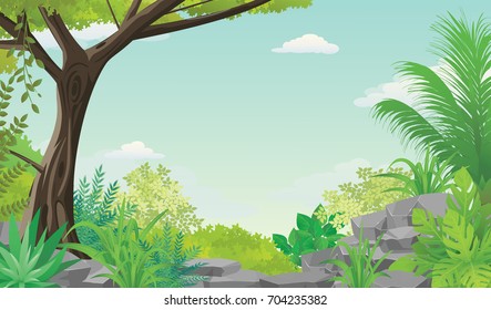 Green Forest View with Vast Blue Skies on Background