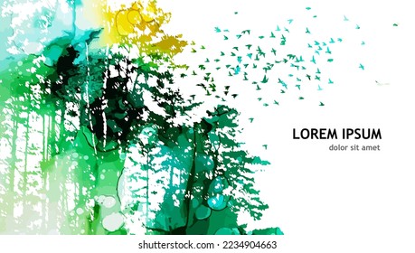 Green forest watercolor. Vector illustration, silhouette of green flying birds and tree branches, freedom