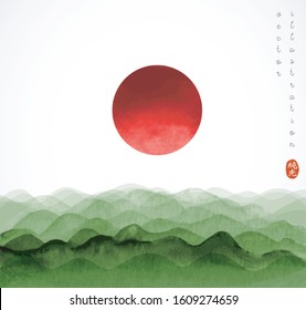 Green forest waves and big red sun. Traditional oriental ink painting sumi-e, u-sin, go-hua. Hieroglyph - pure light