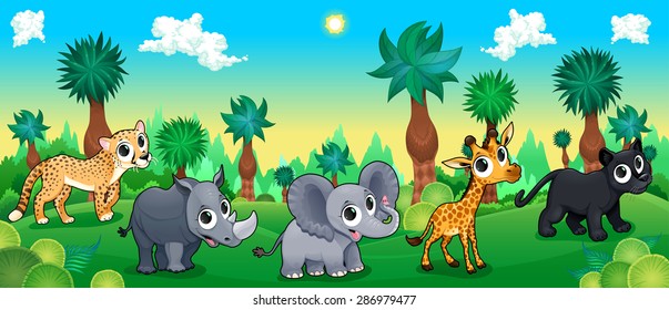 Green forest with wild animals. Vector cartoon illustration.
