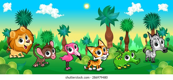 Green forest with wild animals. Vector cartoon illustration.
