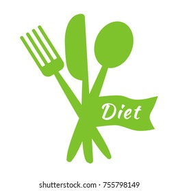 Green fork, knife, spoon and ribbon with white inscription DIET. Vector illustration