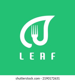 Green fork and leaf for simple Plant symbol, and organic food logo. organic restaurant logo Vegetarian food