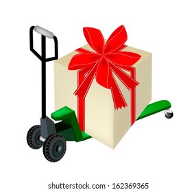 Green Fork Pallet Truck Loading A Lovely Gift Boxes with Red Ribbon and Bow, A Perfect Gift or Present for Someone Special. 