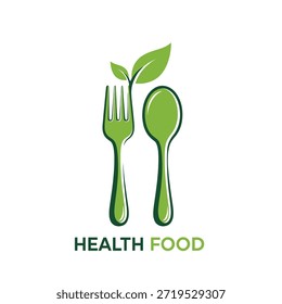 Un tenedor verde y una cuchara con una hoja germinada en la parte superior, que simbolizan una alimentación saludable y alimentos orgánicos.
