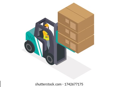  green forklifts carry product with worker drive