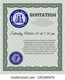 Green Formal invitation. With complex linear background. Vector illustration. Lovely design. 
