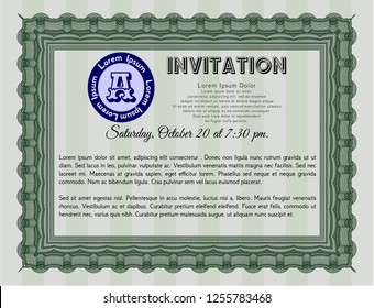 Green Formal invitation. Customizable, Easy to edit and change colors. With complex linear background. Cordial design. 