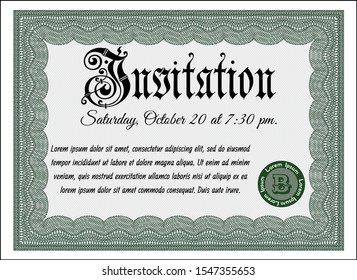Green Formal invitation. Customizable, Easy to edit and change colors. With guilloche pattern. Good design. 