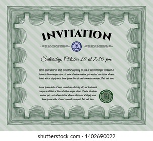 Green Formal invitation. Detailed. With complex linear background. Nice design. 