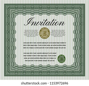 Green Formal invitation. Excellent design. With guilloche pattern and background. Detailed. 