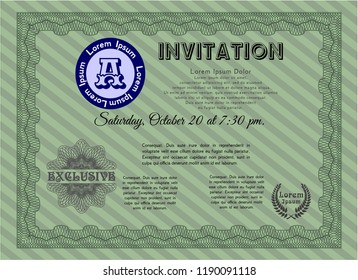 Green Formal invitation. With guilloche pattern and background. Beauty design. Detailed. 