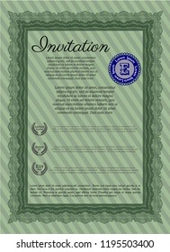 Green Formal invitation. With guilloche pattern. Lovely design. Detailed. 