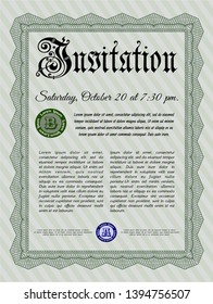 Green Formal invitation. With guilloche pattern and background. Vector illustration. Sophisticated design. 