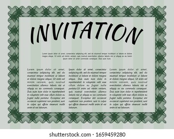 Green Formal invitation. With guilloche pattern and background. Vector illustration. Excellent design. 