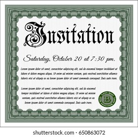 Green Formal invitation. With guilloche pattern and background. Money Pattern design. Customizable, Easy to edit and change colors. 