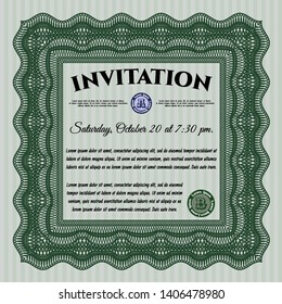 Green Formal invitation. With linear background. Detailed. Retro design. 