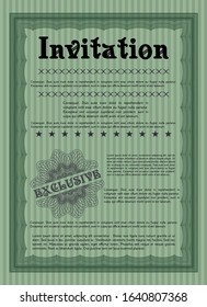 Green Formal invitation. Money Pattern design. With guilloche pattern and background. Detailed. 