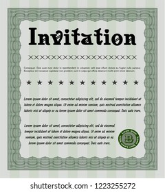 Green Formal invitation. Money style design. Detailed. With guilloche pattern and background. 