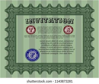 Green Formal invitation template. With complex linear background. Vector illustration. Superior design. 