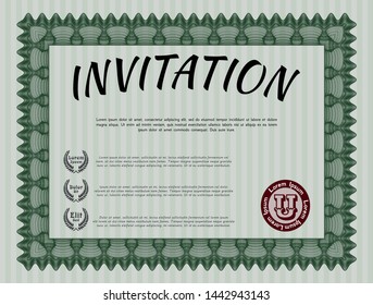 Green Formal invitation template. With complex linear background. Detailed. Nice design. 