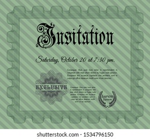 Green Formal invitation template. With complex background. Lovely design. Vector illustration. 