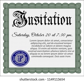 Green Formal invitation template. Cordial design. With great quality guilloche pattern. Detailed. 