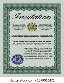 Green Formal invitation template. Customizable, Easy to edit and change colors. With guilloche pattern and background. Money Pattern design. 