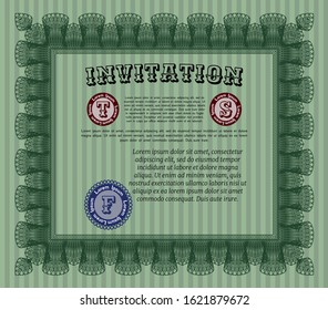Green Formal invitation template. Customizable, Easy to edit and change colors. With complex background. Money Pattern. 