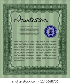 Green Formal invitation template. Detailed. With complex background. Money Pattern. 