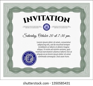 Green Formal invitation template. Detailed. With linear background. Money design. 