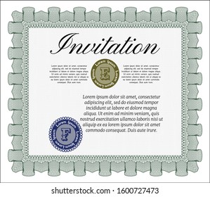 Green Formal invitation template. Detailed. With great quality guilloche pattern. Perfect design. 
