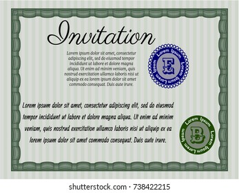 Green Formal invitation template. Detailed. With guilloche pattern and background. Excellent design. 