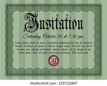 Green Formal invitation template. Easy to print. Retro design. Detailed. 
