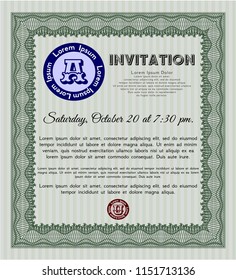 Green Formal invitation template. Good design. Vector illustration. With guilloche pattern. 