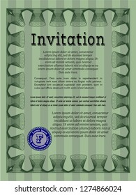 Green Formal invitation template. Good design. Vector illustration. With guilloche pattern and background. 