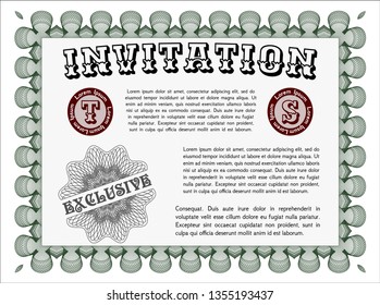 Green Formal invitation template. With great quality guilloche pattern. Perfect design. Vector illustration. 