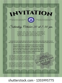 Green Formal invitation template. With great quality guilloche pattern. Vector illustration. Excellent design. 