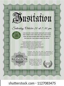 Green Formal invitation template. With guilloche pattern and background. Detailed. Sophisticated design. 