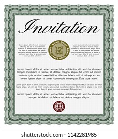 Green Formal invitation template. With linear background. Detailed. Cordial design. 