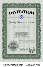 Green Formal invitation template. With linear background. Beauty design. Detailed. 