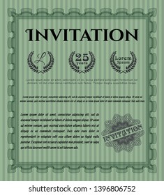 Green Formal invitation template. With linear background. Detailed. Sophisticated design. 