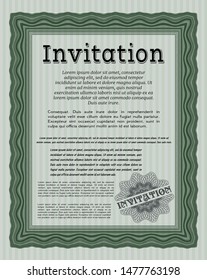 Green Formal invitation template. With linear background. Detailed. Elegant design. 