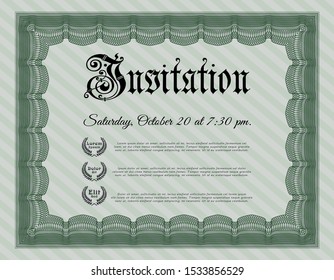 Green Formal invitation template. With linear background. Vector illustration. Elegant design. 