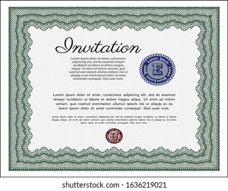 Green Formal invitation template. With linear background. Vector illustration. Money design. 