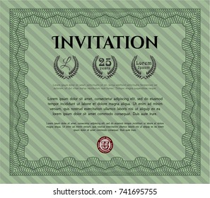 Green Formal invitation template. With linear background. Detailed. Money design. 