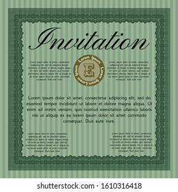 Green Formal invitation template. Lovely design. With guilloche pattern and background. Vector illustration. 