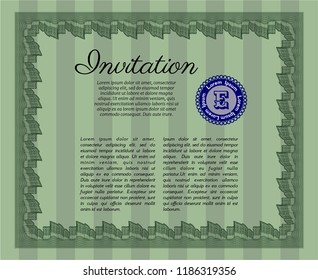 Green Formal invitation template. Money design. Detailed. With great quality guilloche pattern. 