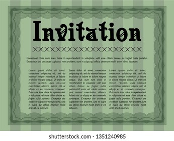 Green Formal invitation template. Nice design. With guilloche pattern and background. Vector illustration. 